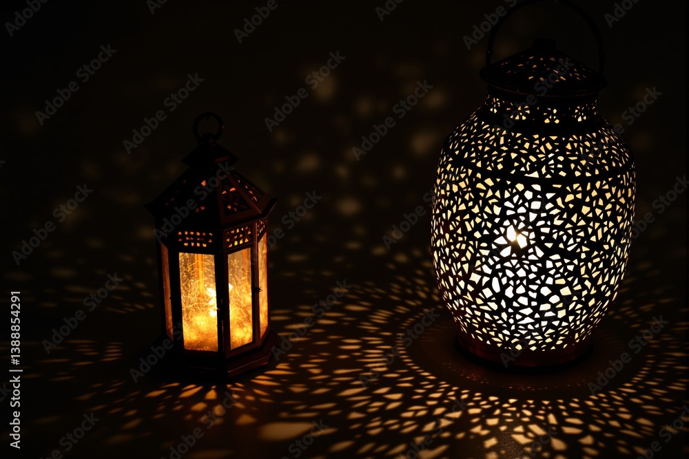 Poster Ornate lanterns casting intricate light patterns in dark background.