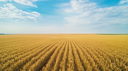 Golden wheat field aerial view, sunny day, agriculture, harvest