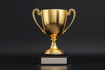 Golden trophy cup with ornate handles on a black base, placed against a dark background.