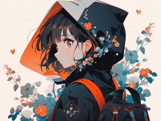 Anime Girl in Hoodie with Flowers
