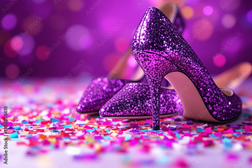 Poster sparkling purple high heels on a confetti-covered surface with a vibrant bokeh background.