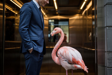 Businessman and a pink flamingo in front of a stylish elevator