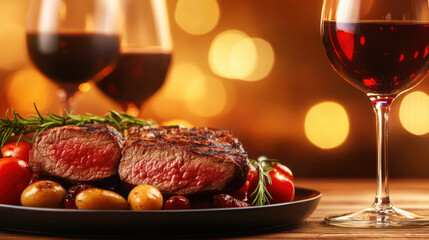 beautifully arranged plate featuring juicy grilled steak, garnished with fresh herbs, accompanied by colorful cherry tomatoes and olives, set against warm, inviting background with wine glasses