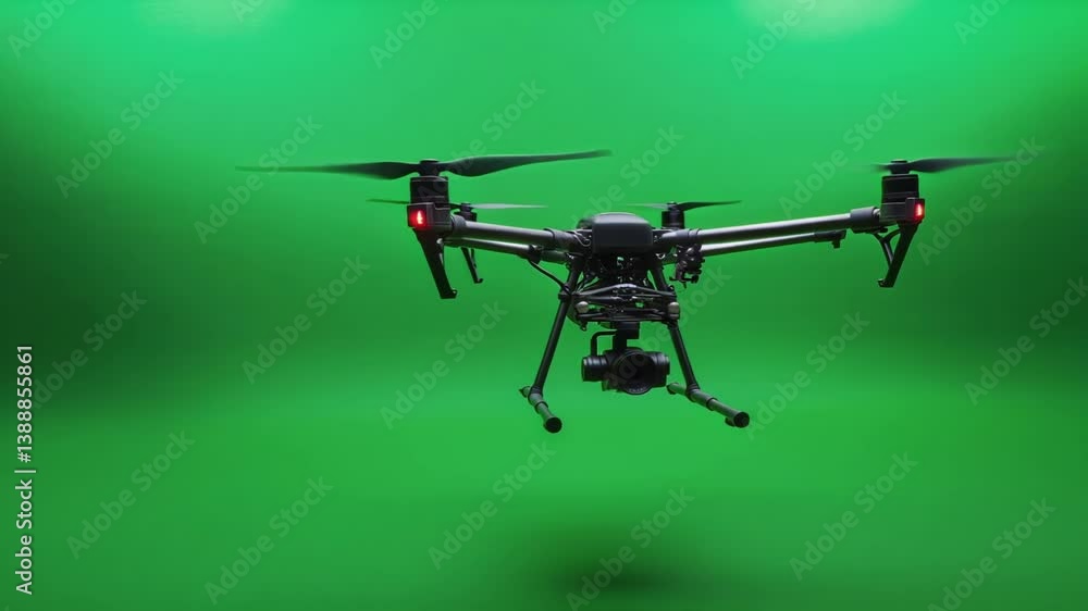 Poster professional grade drone with stabilized camera and precision gimbal hovering against vibrant green 