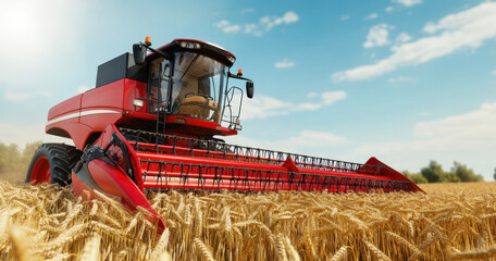 red harvester working in golden wheat field under clear blue sky, showcasing agricultural machinery in action. scene captures essence of farming and harvest time