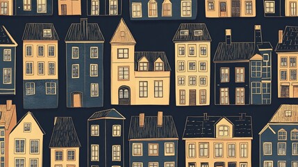 Fototapeta premium Charming Hand-Drawn Houses Pattern in Muted Tones for a Quaint Aesthetic
