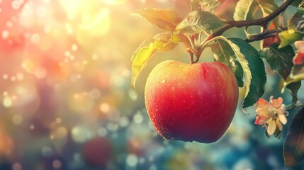 A single ripe apple hangs on a branch of a tree