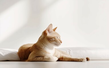 Serene Ginger Cat Basking in Sunlight, Relaxed Pose, Peaceful Atmosphere, Soft Fur, White Background