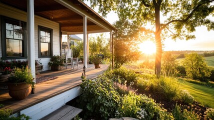 Fototapeta premium Serene porch with rocking chair and plants, bathed in warm sunset light over lush fields.
