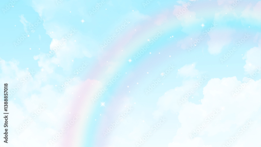 Poster dramatic summer sky with beautiful rainbow emerging from the cloud. rainbow on a cloudy sky backgrou