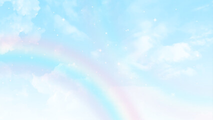 Clouds with rainbow, sky background photo. Vector art.