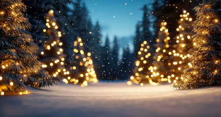 Obraz premium serene snowy landscape features tall Christmas trees adorned with glowing lights, creating magical atmosphere as snowflakes gently fall, evoking sense of warmth and joy