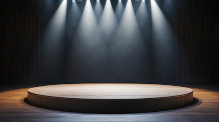 stage platform illuminated by bright lights creates dramatic atmosphere, perfect for presentations or performances. wooden surface and dark background enhance focus on center