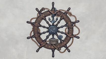 Nautical Ship's Wheel with Anchor and Treasure Chest Design
