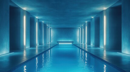 A cavernous, empty blue chamber, clean lines and glowing spotlights framing a medal podium 