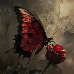 Photo sur Plexiglas Crimson butterfly on dark rose, grunge background