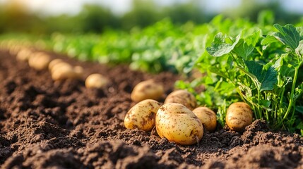 Harvested potatoes in field, sunny day, agriculture, food production