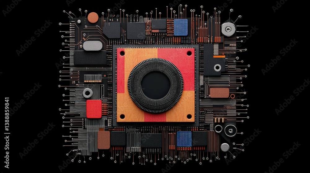 Aufkleber abstract circuitry: a conceptual image depicting a camera lens surrounded by abstract circuitry and 