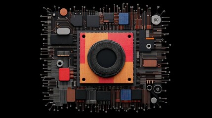 Fototapeta premium Abstract Circuitry: A conceptual image depicting a camera lens surrounded by abstract circuitry and connectors, representing the technical and technological aspects of photography. 
