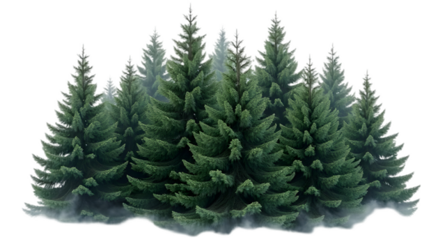 A cluster of evergreen trees with a misty haze at the base against a black background scene outdoors