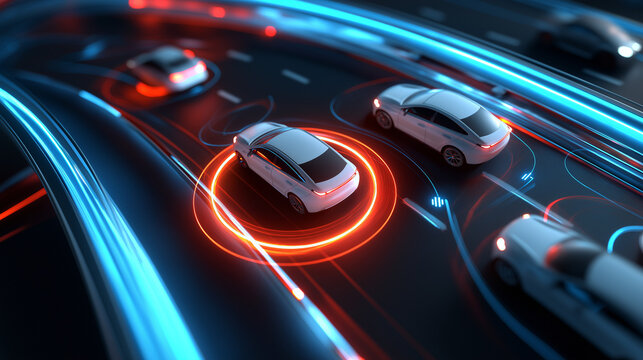 3D-Visualisierung autonomer Fahrzeugtechnologie mit leuchtenden roten und blauen Scannerkreisen auf einer digitalen technischen Oberfl&auml;che