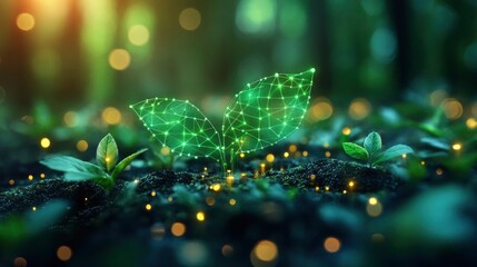 Geometric low-poly landscape with futuristic elements and holographic overlay effects