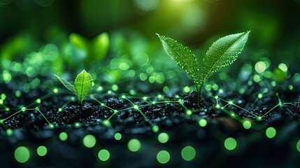 Geometric low-poly landscape with futuristic elements and holographic overlay effects