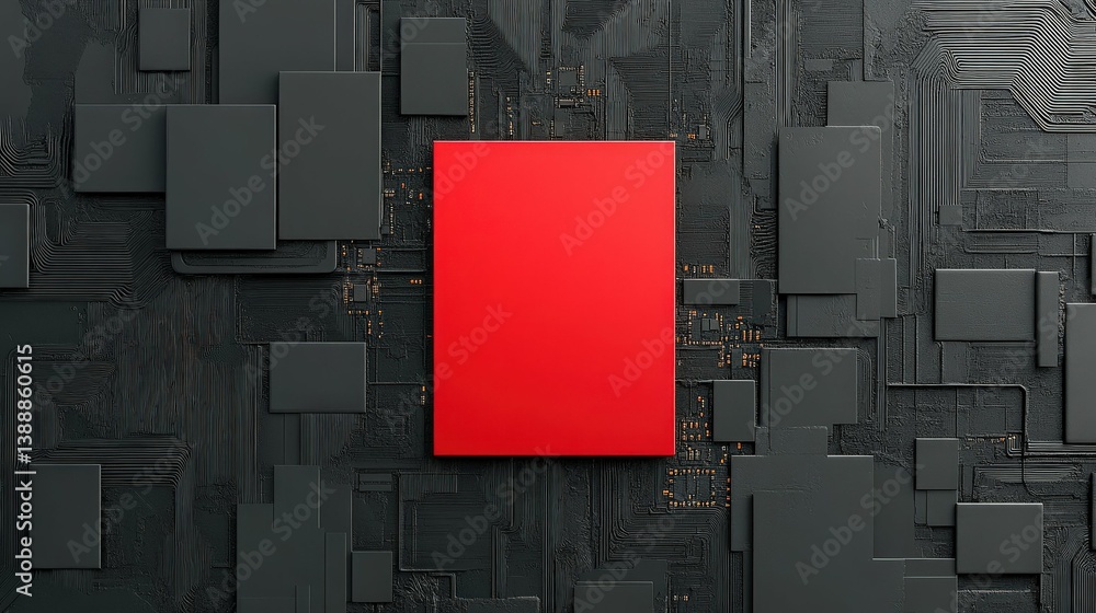 Poster cyber red square: a striking visual of a central red square juxtaposed with an intricate dark circui