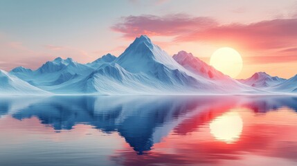 Geometric low-poly landscape with futuristic elements and holographic overlay effects