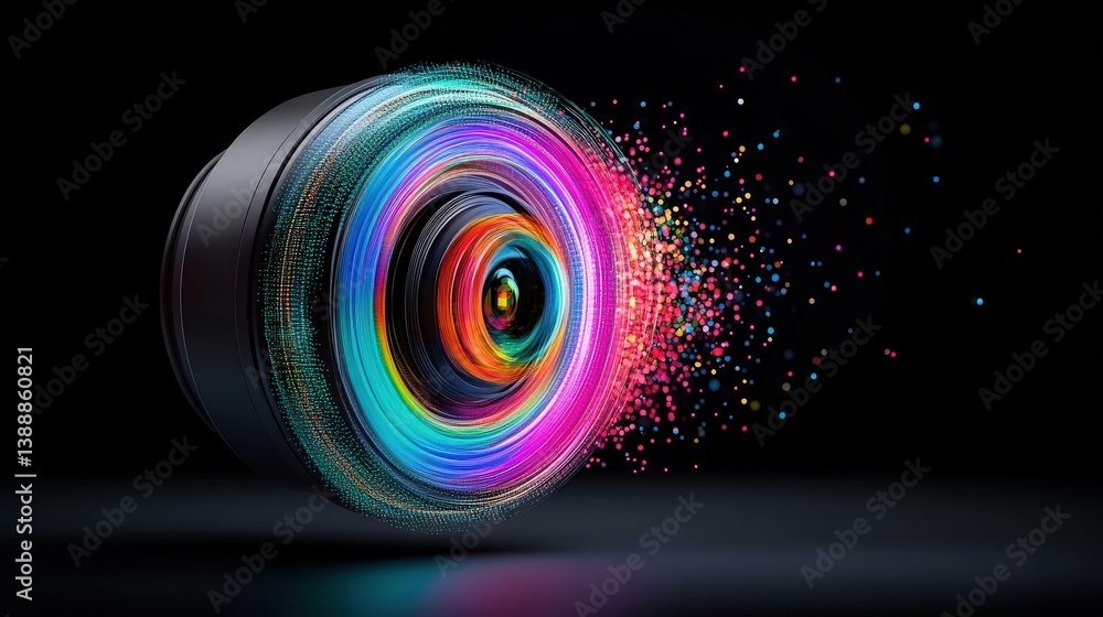 Aufkleber chromatic focus: a modern, artistic representation of a lens capturing light in a whirlwind of vibra