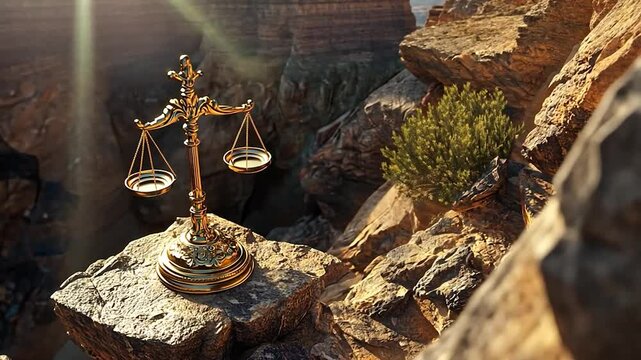 Golden scales of justice balanced on rocky ledge overlooking canyon
