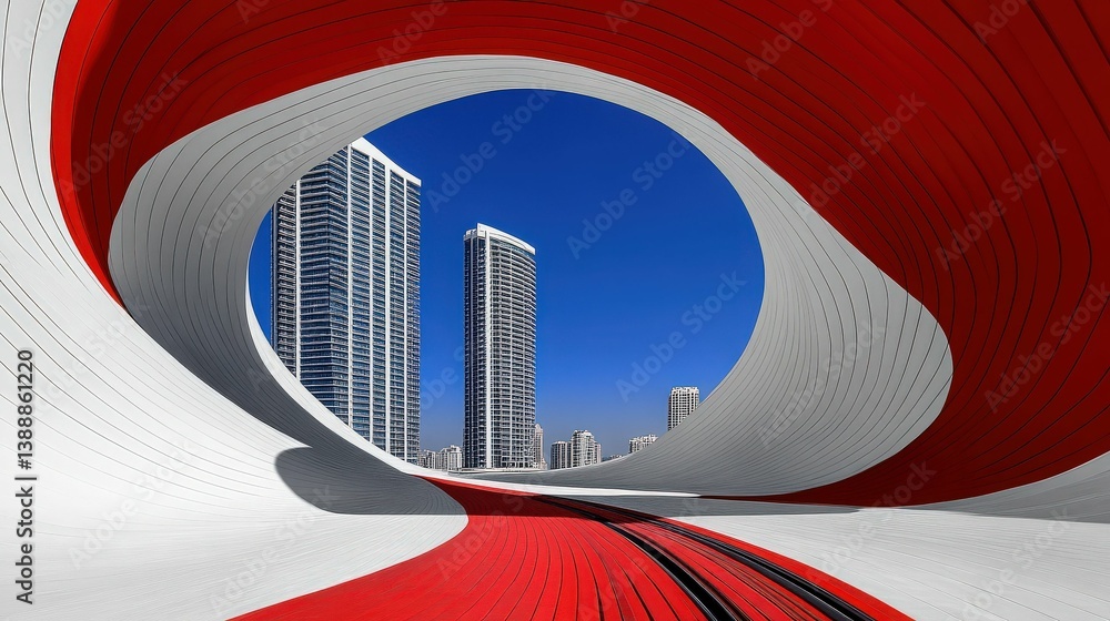 Poster abstract cityscape portal: a vibrant abstract architectural design featuring a swirling red and whit