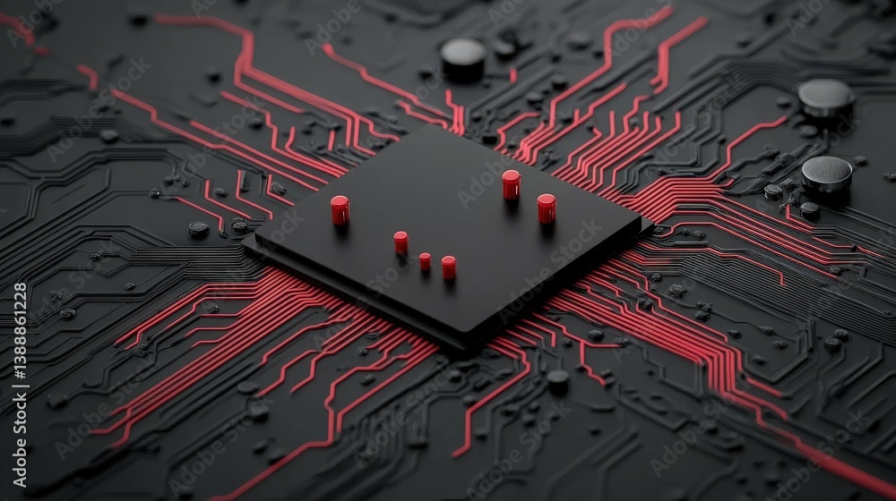 Poster circuit board: a close-up shot of a computer circuit board, its intricate network of red pathways ag