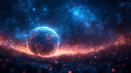 Network of light beams forming a globe shape against a starry background