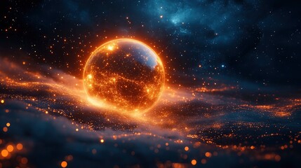 Network of light beams forming a globe shape against a starry background