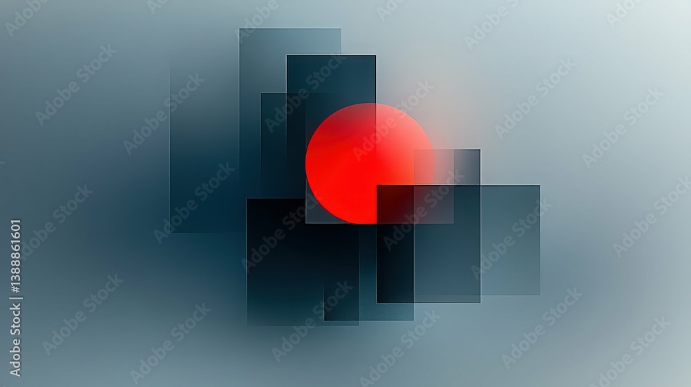 Poster red orb and dark squares: an abstract image featuring a vibrant red orb nestled amongst a cluster of