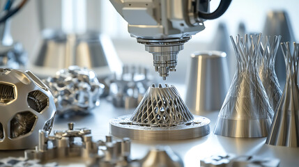 A robotic arm in a cutting edge 3D metal printing factory, surrounded by 3D printers, metal powders