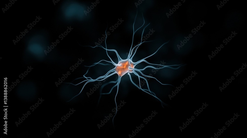 Aufkleber neuron: a detailed view of a single neuron against a dark backdrop. the image showcases its complex 