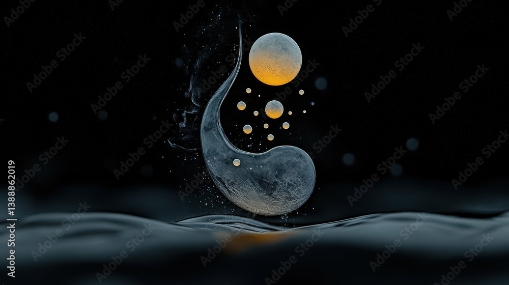 Poster mystical celestial formation: an ethereal composition of abstract shapes and glowing orbs floats wei