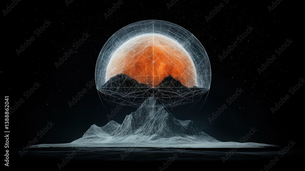 Poster celestial sphere: a captivating abstract composition showcases a celestial sphere above the terrain,