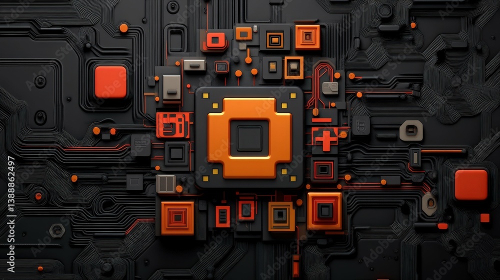Poster abstract circuitry: a mesmerizing digital abstract, the orange core cpu is surrounded by an intricat