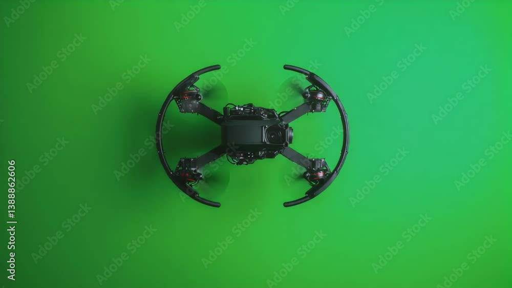 Poster advanced quadcopter drone rotating smoothly against saturated green screen, showcasing precision eng