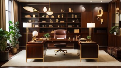  A professional vintage office space with mahogany furniture, brass accents, leather-bound planners, and soft lighting for a timeless, productive vibe 