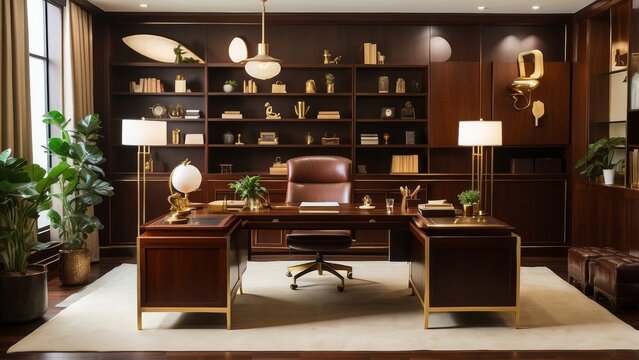  A professional vintage office space with mahogany furniture, brass accents, leather-bound planners, and soft lighting for a timeless, productive vibe 