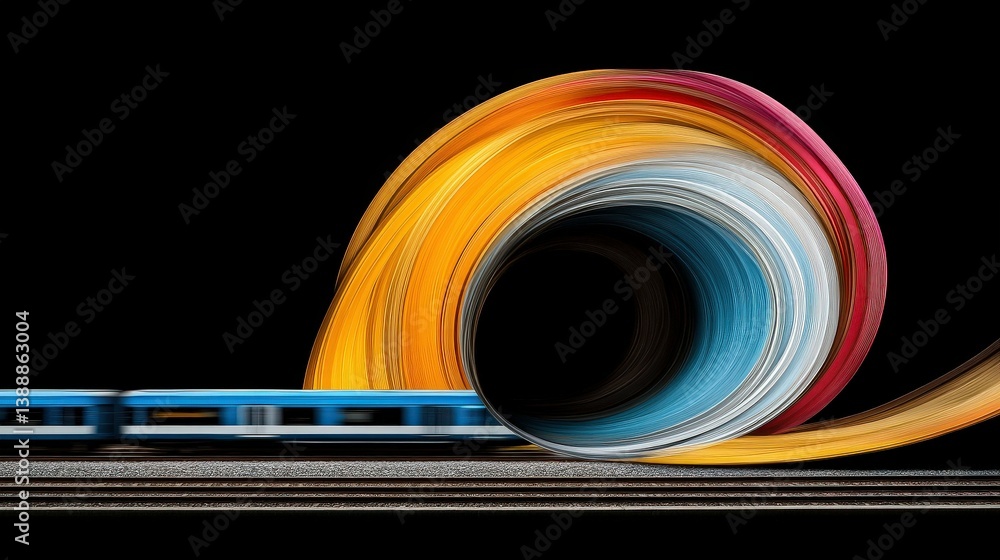 Poster dynamic trail: a modern train elegantly navigates a vibrant, swirling tunnel of color, creating a me