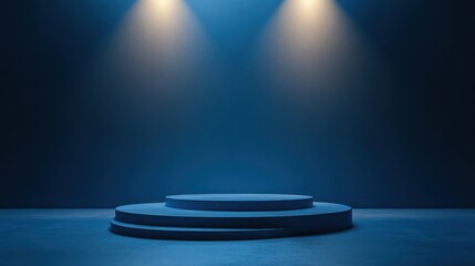 A tranquil, cold blue space, minimalist medal podium under soft spotlight halos 