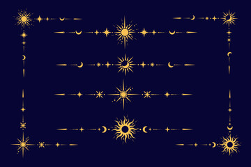 Mystic celestial border with golden moon and stars ornament. Astrologic frame with spiritual elements. Vector dividers and fantasy corners with pattern of esoteric astral decorations. © Chorna_L