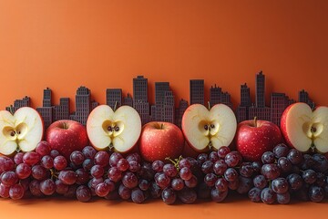 Urban fruitscape: apples and grapes amidst silhouette city skyline