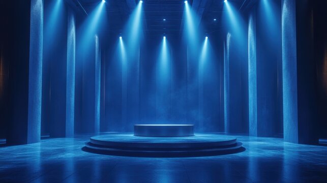 A vast, dark blue room with glowing spotlights focused on a sleek medal podium in the center