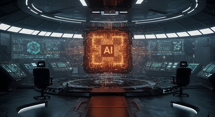 Futuristic Control Room with Glowing Ai Core Technology Display